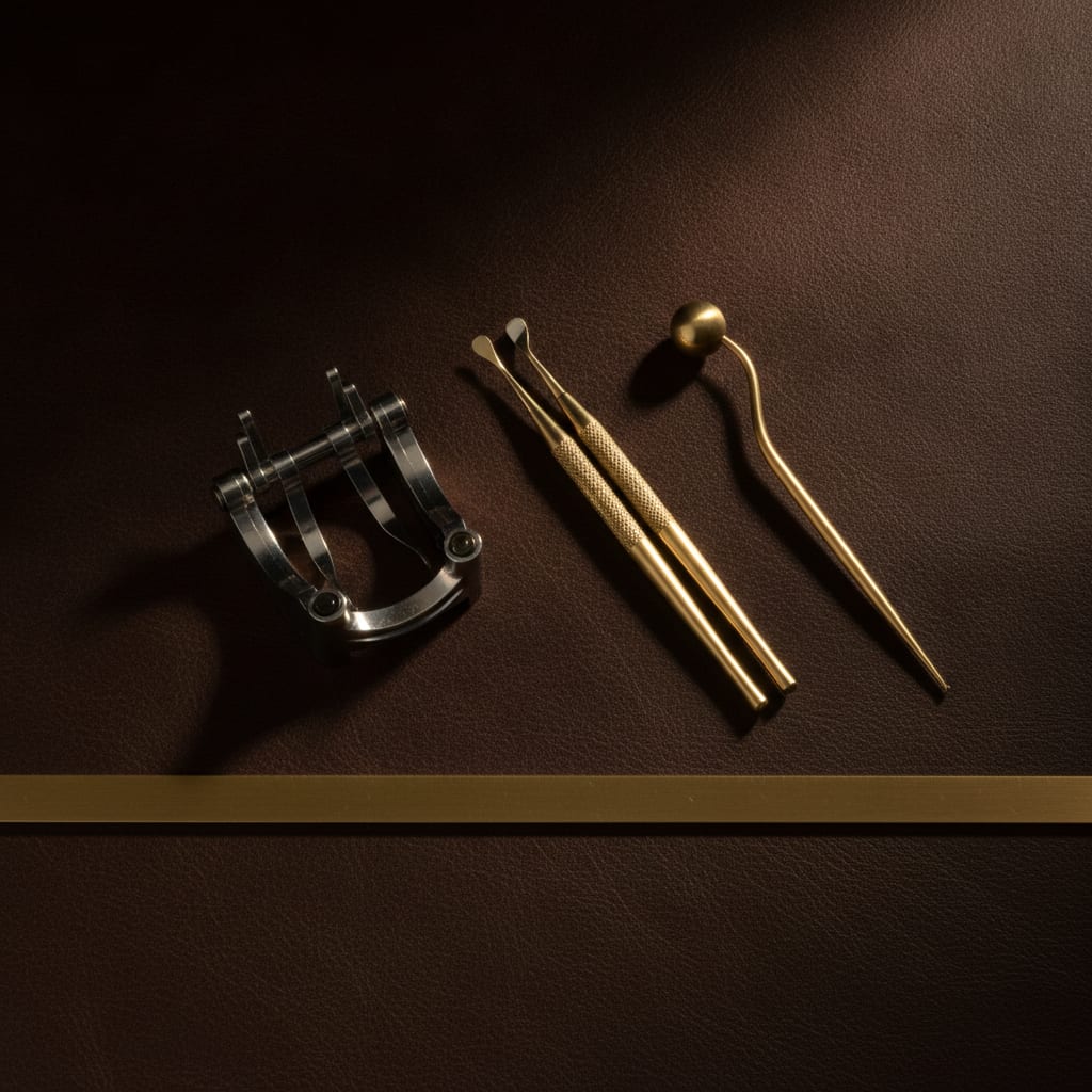Aspirating dental cartridge syringes on an espresso leather surface