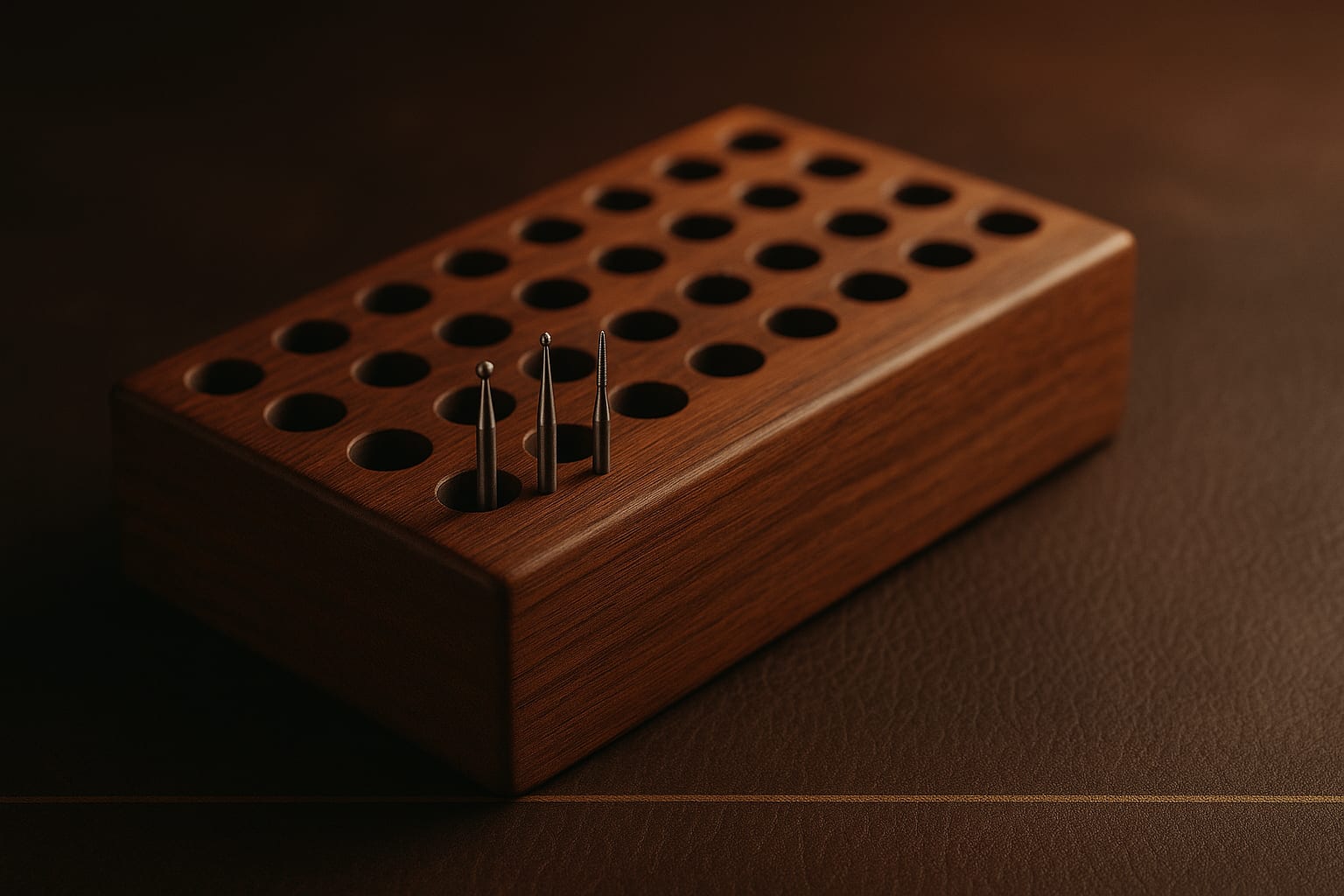 Hardwood dental bur block with rows of holes and three steel burs standing upright