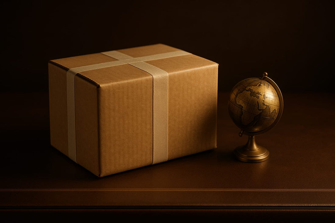 Kraft shipping carton beside a small brass desk globe on espresso leather