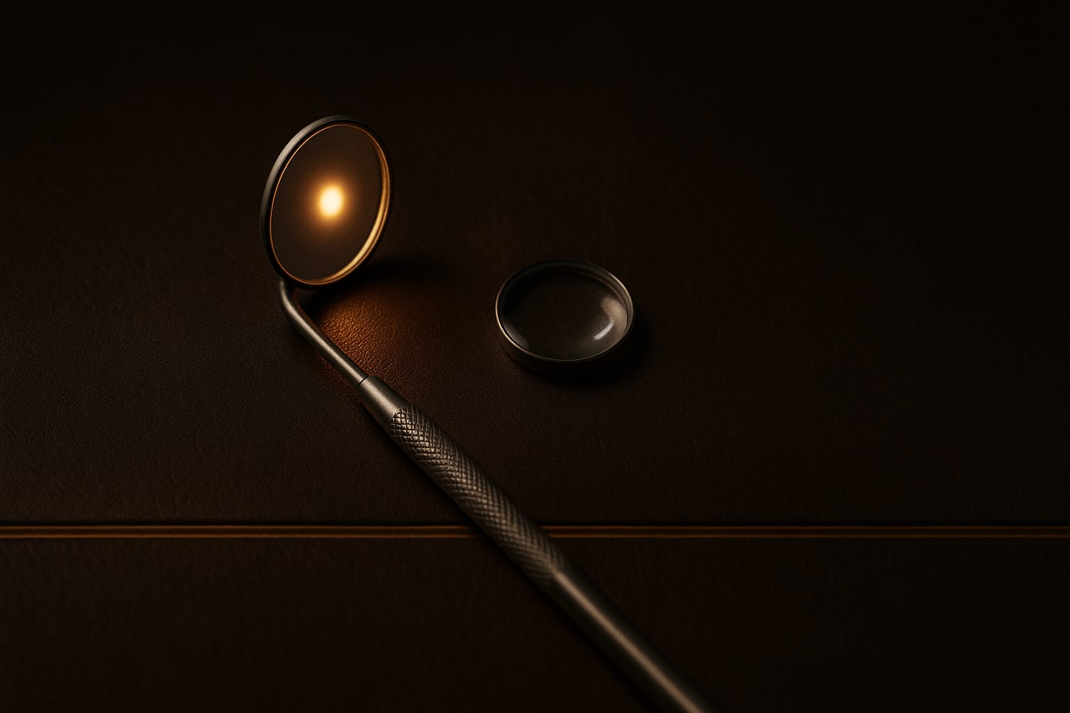 Dental inspection mirror reflecting warm light beside a magnifying lens on espresso leather