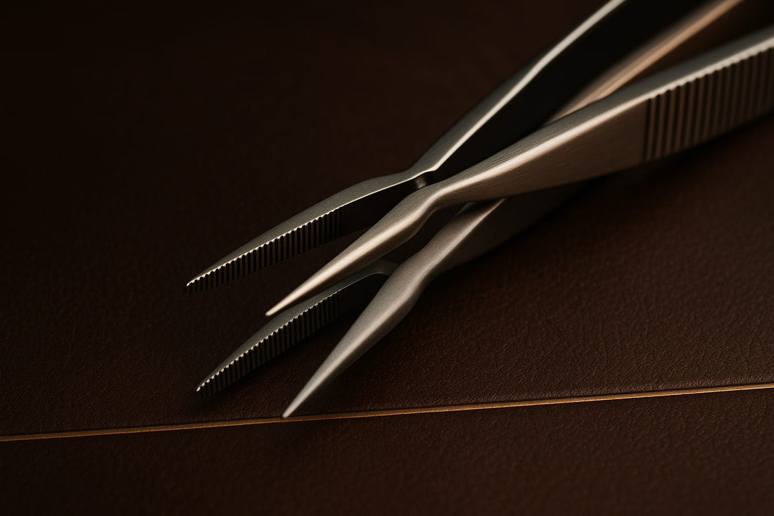Two pairs of dental dressing tweezers crossed on espresso leather, steel and titanium