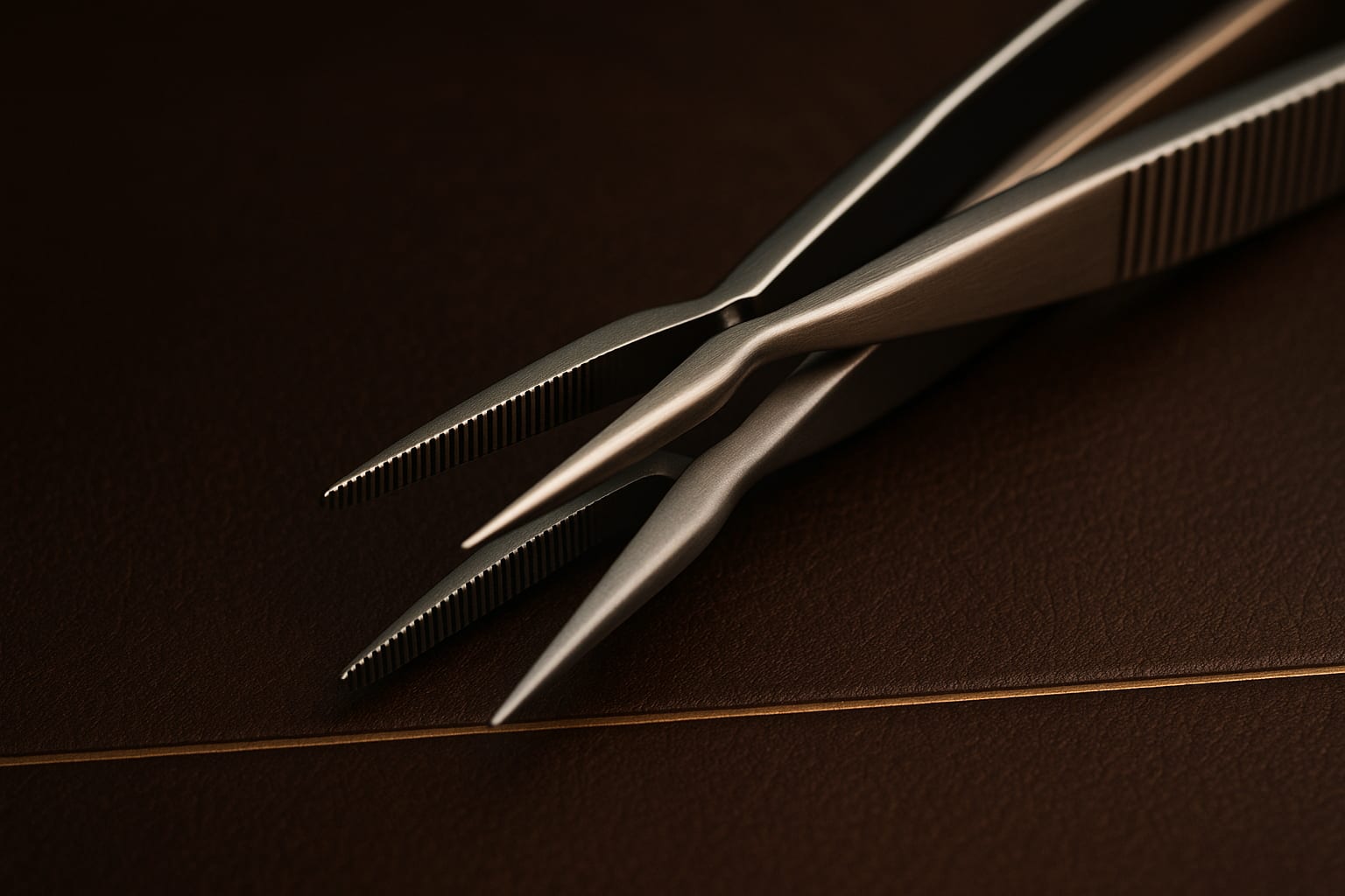 Two pairs of dental dressing tweezers crossed on espresso leather, steel and titanium