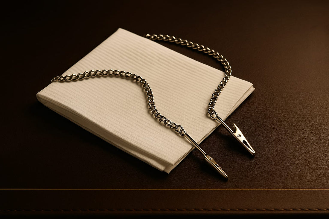 Stainless steel bib clip chain draped across a folded white dental napkin
