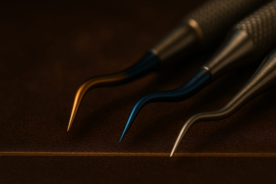 Macro of gold, blue and plain steel dental instrument tips side by side