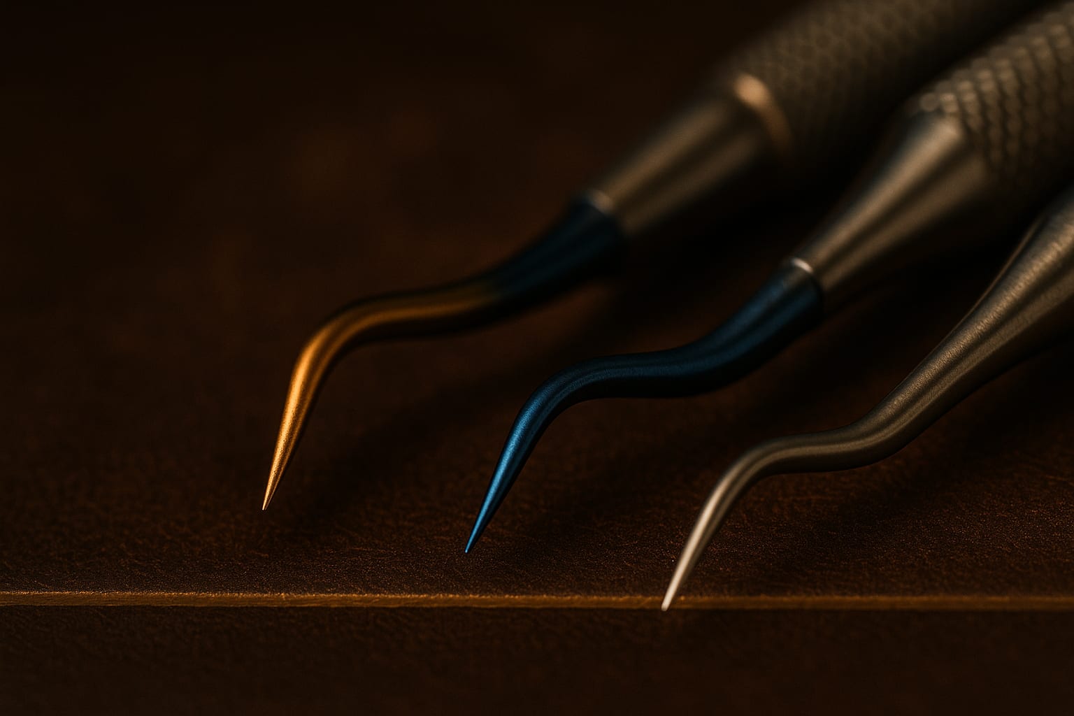 Macro of gold, blue and plain steel dental instrument tips side by side