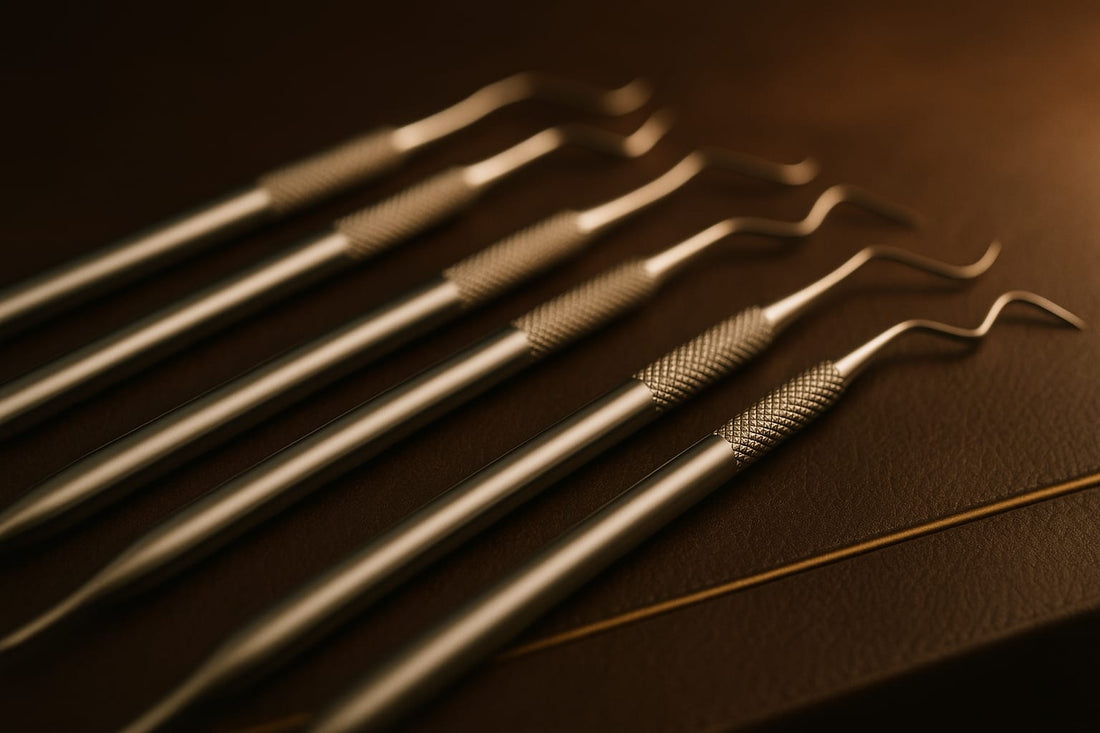 Row of stainless dental instrument handles receding into soft focus