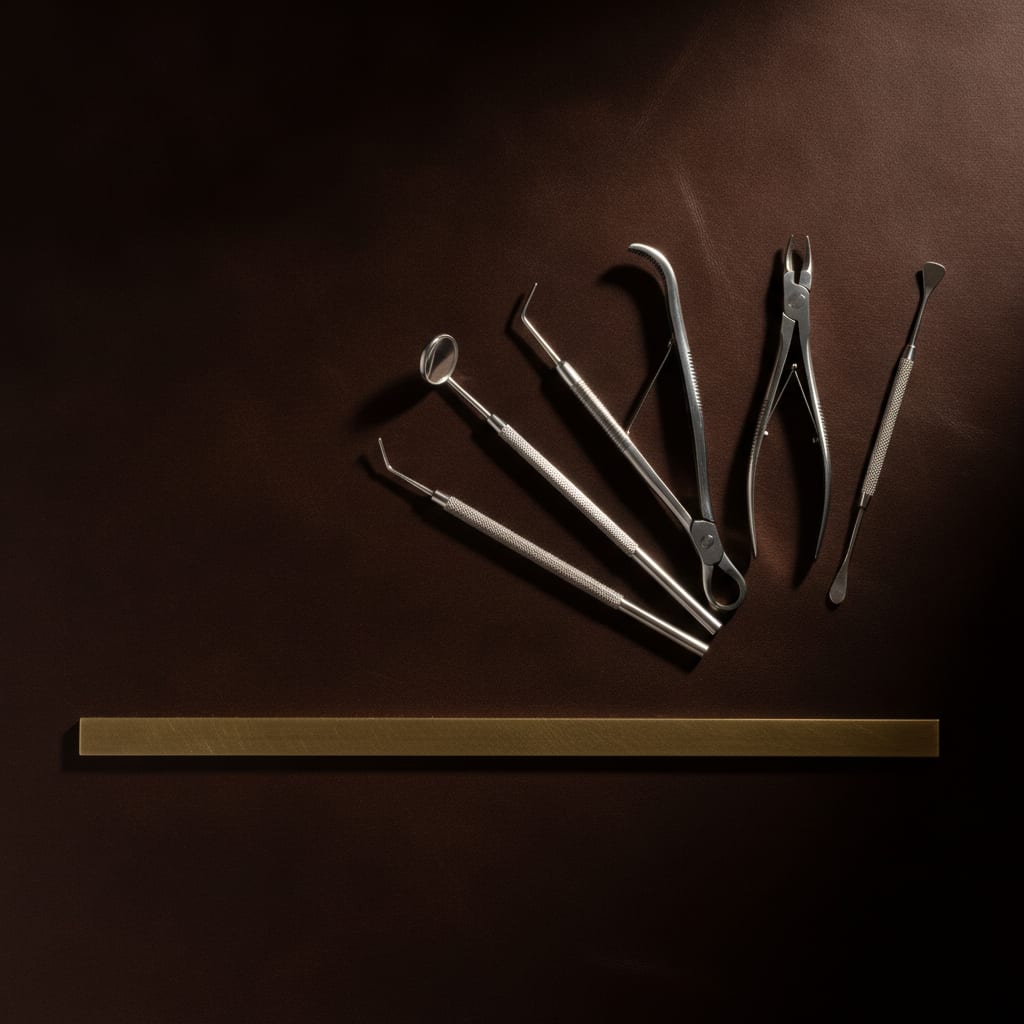 A full set of polished dental instruments arranged on espresso leather