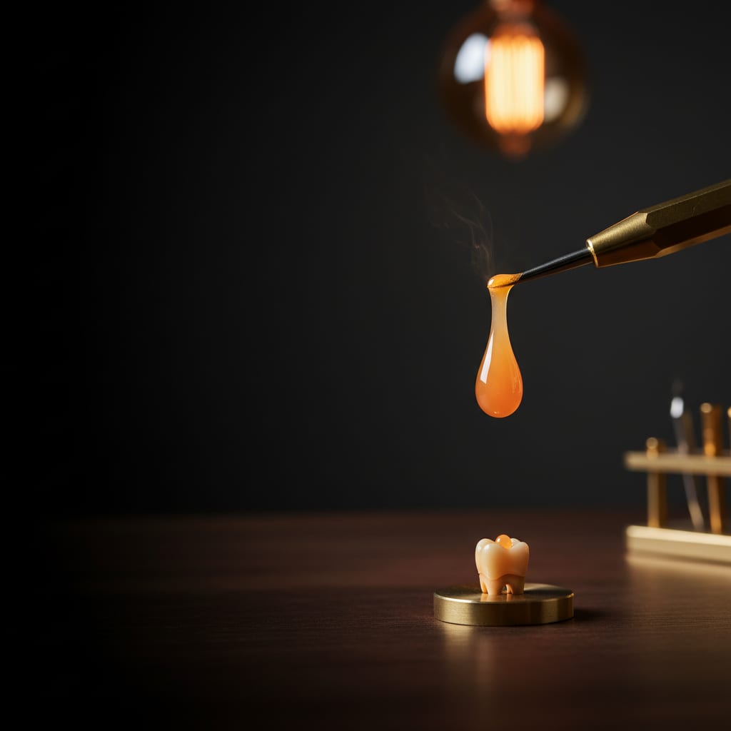 A drop of molten dental wax falling from a brass-handled instrument