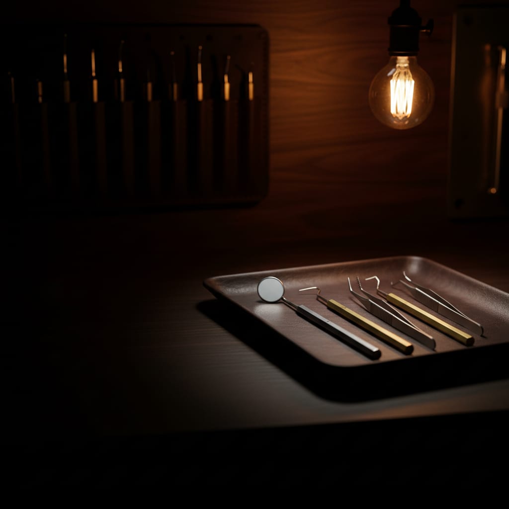 Precision dental measuring instruments on an espresso leather surface