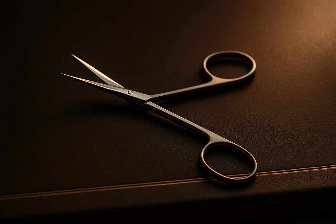 Fine iris surgical scissors slightly open catching warm light on espresso leather