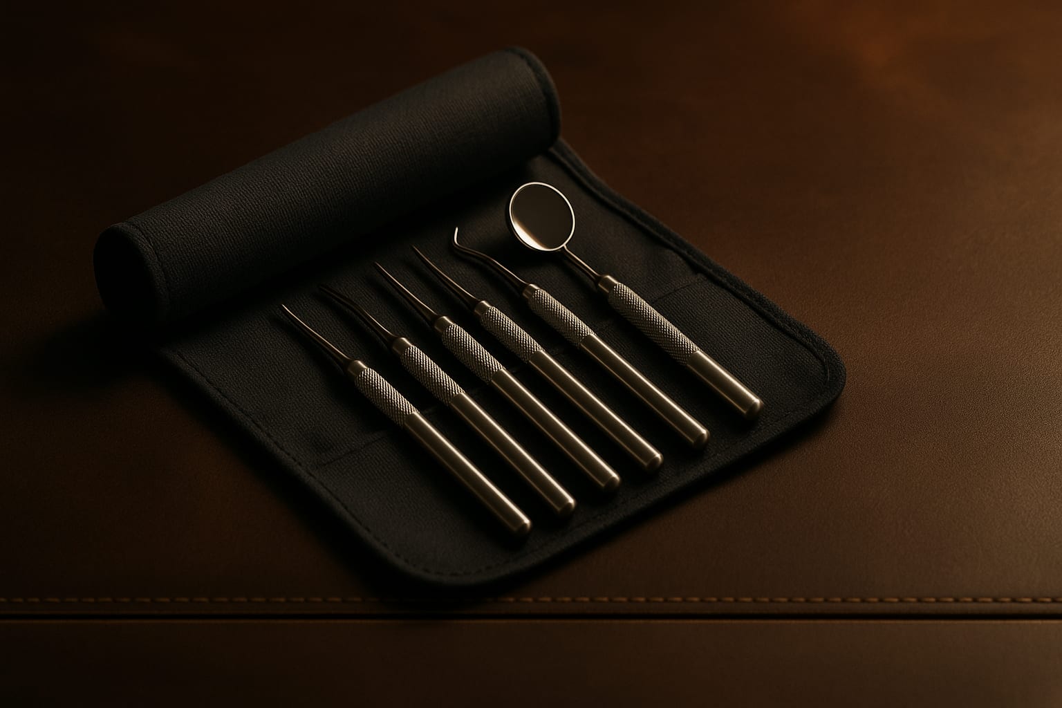 Black instrument pouch unrolled showing a row of examination instrument handles