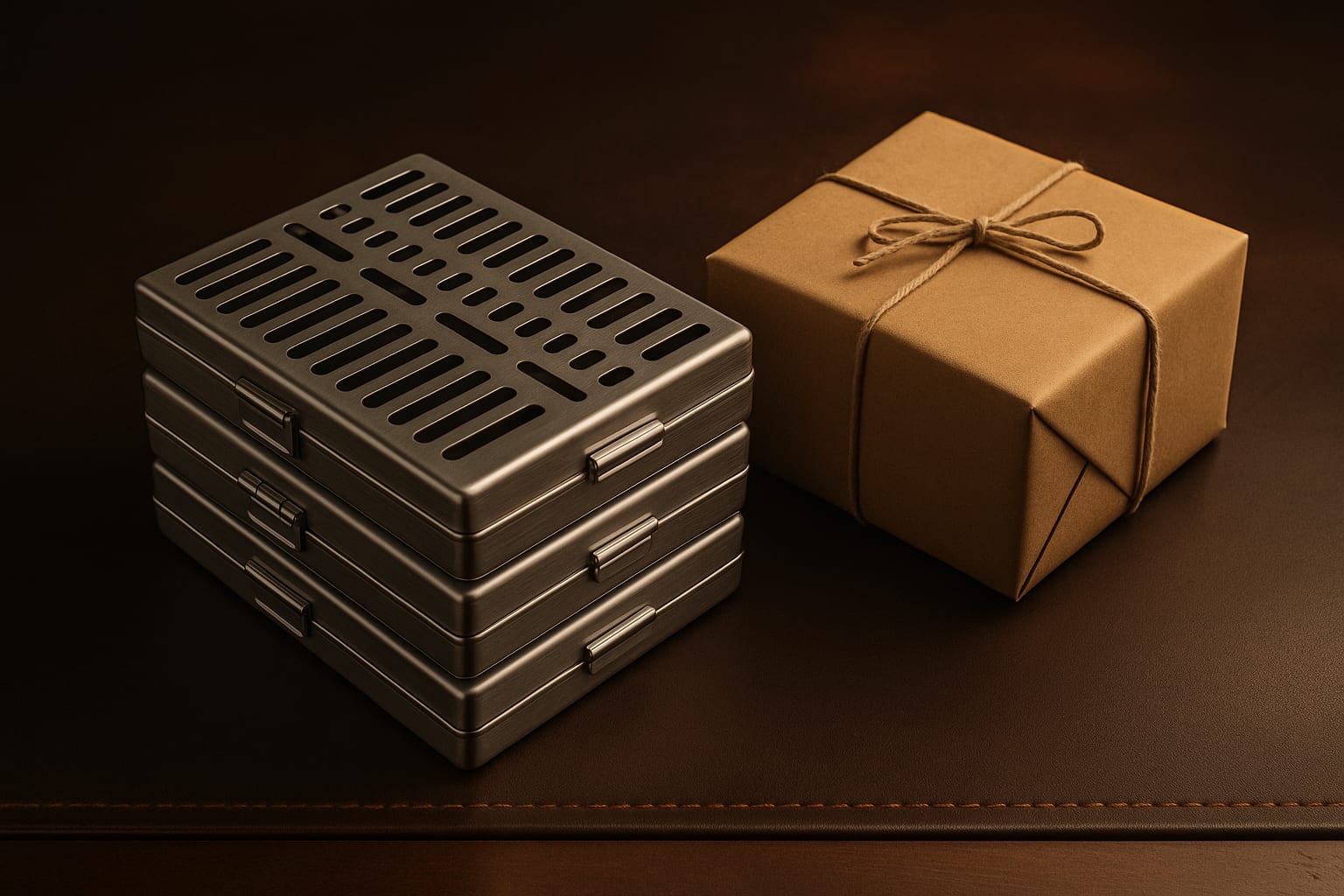 Stack of sterilisation cassettes beside a kraft parcel on a leather bench