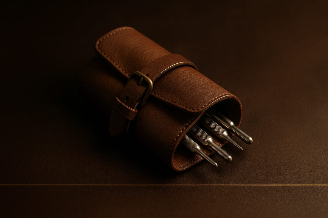 Compact rolled leather instrument pouch partly open showing instrument handles