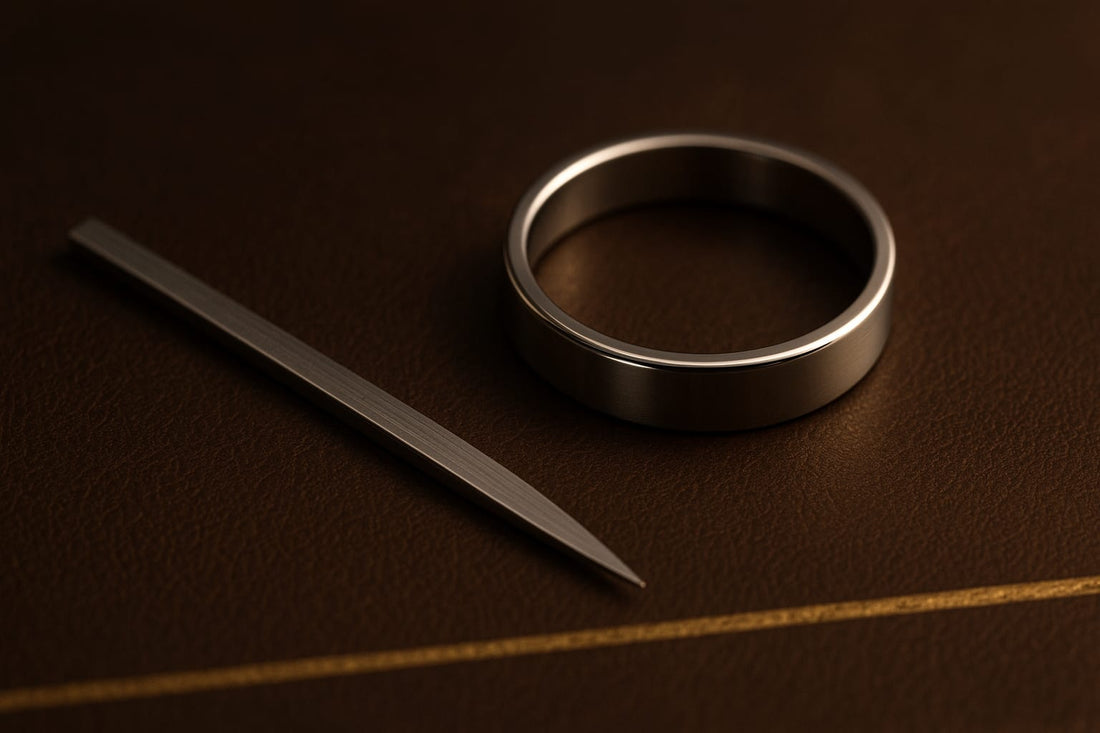 Stainless steel endodontic finger gauge ring beside a fine measuring ruler on espresso leather