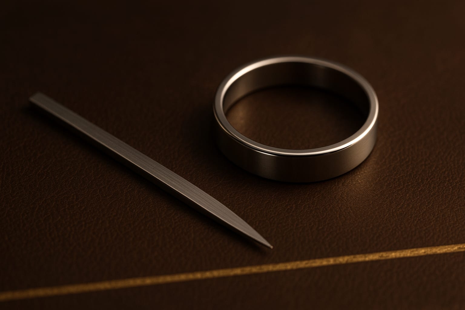 Stainless steel endodontic finger gauge ring beside a fine measuring ruler on espresso leather