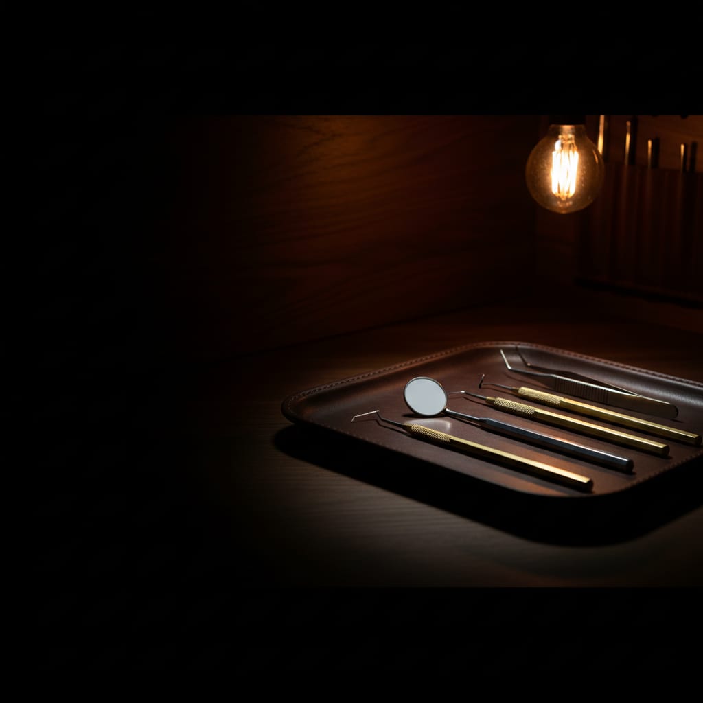 A new dentist&rsquo;s starter set of instruments laid out on espresso leather