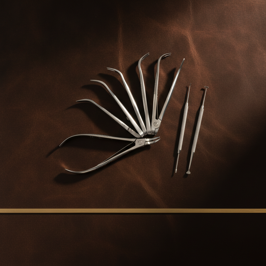 Dental extraction forceps arranged on an espresso leather surface