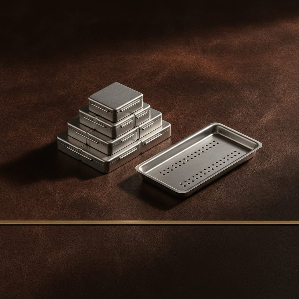 Stainless sterilisation cassettes and racks on an espresso leather surface