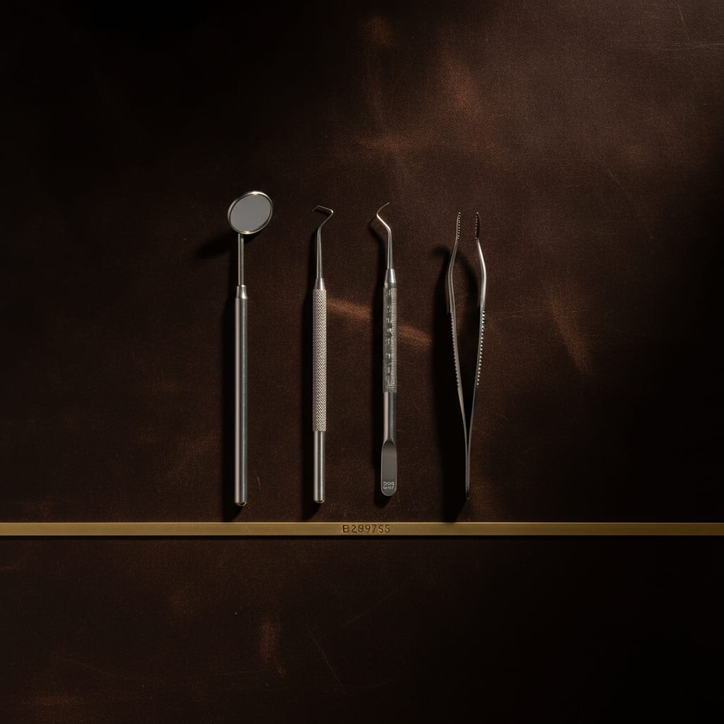 A dental mouth mirror and retractors on an espresso leather surface