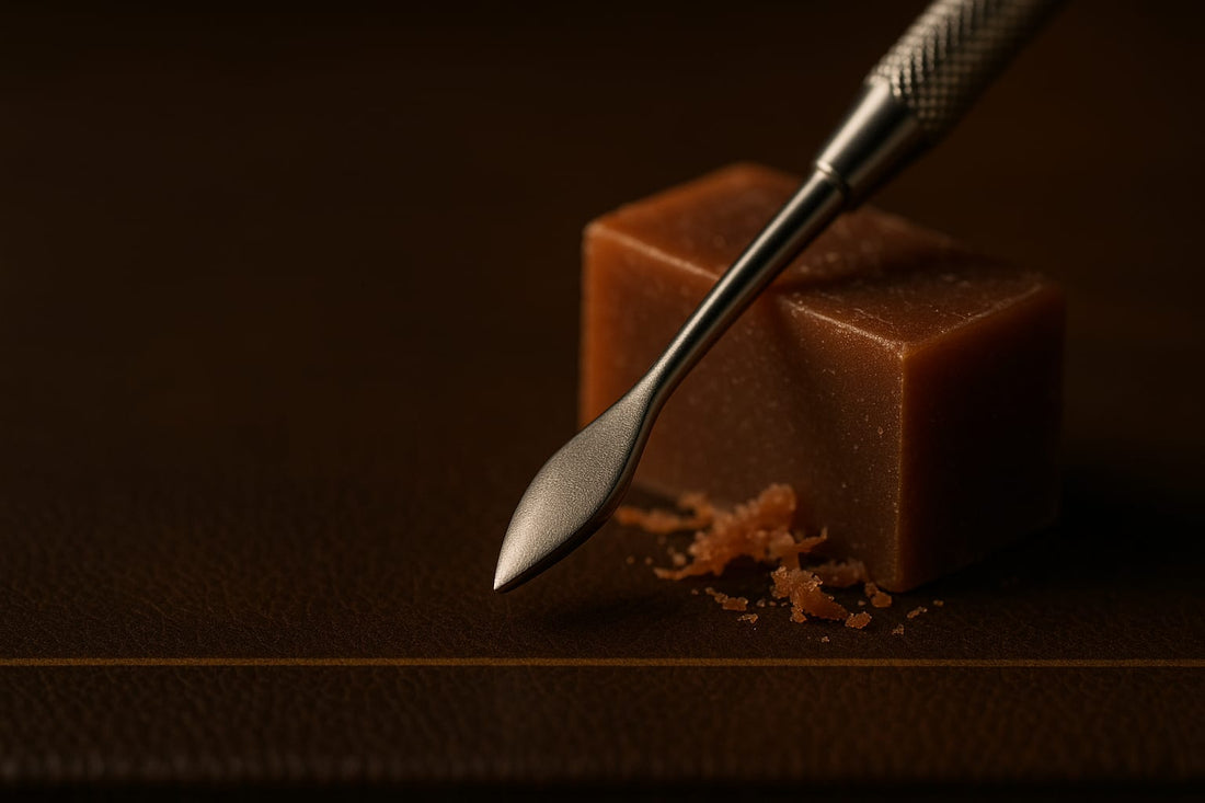 Double-ended sculpting instrument resting against a block of carving wax