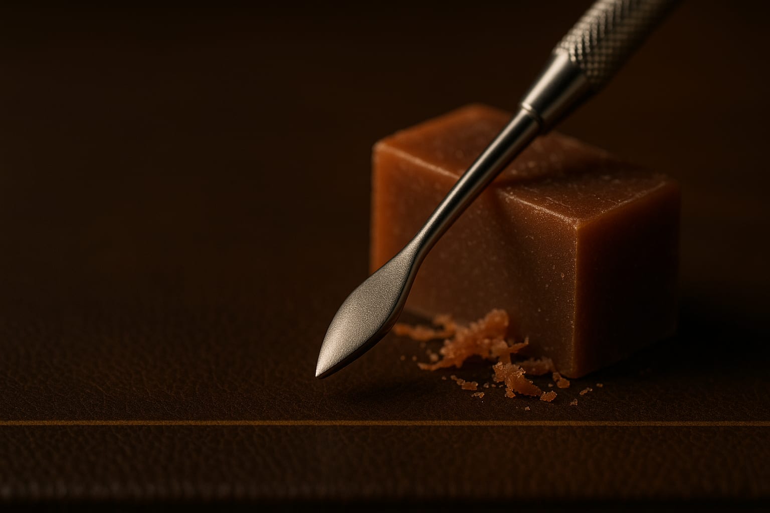Double-ended sculpting instrument resting against a block of carving wax
