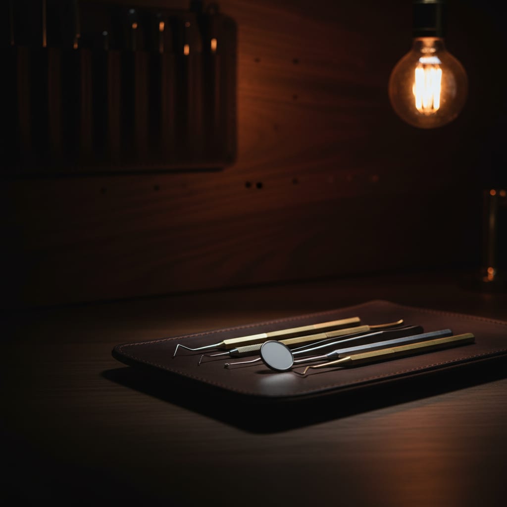 A set of polished dental instruments arranged on espresso leather