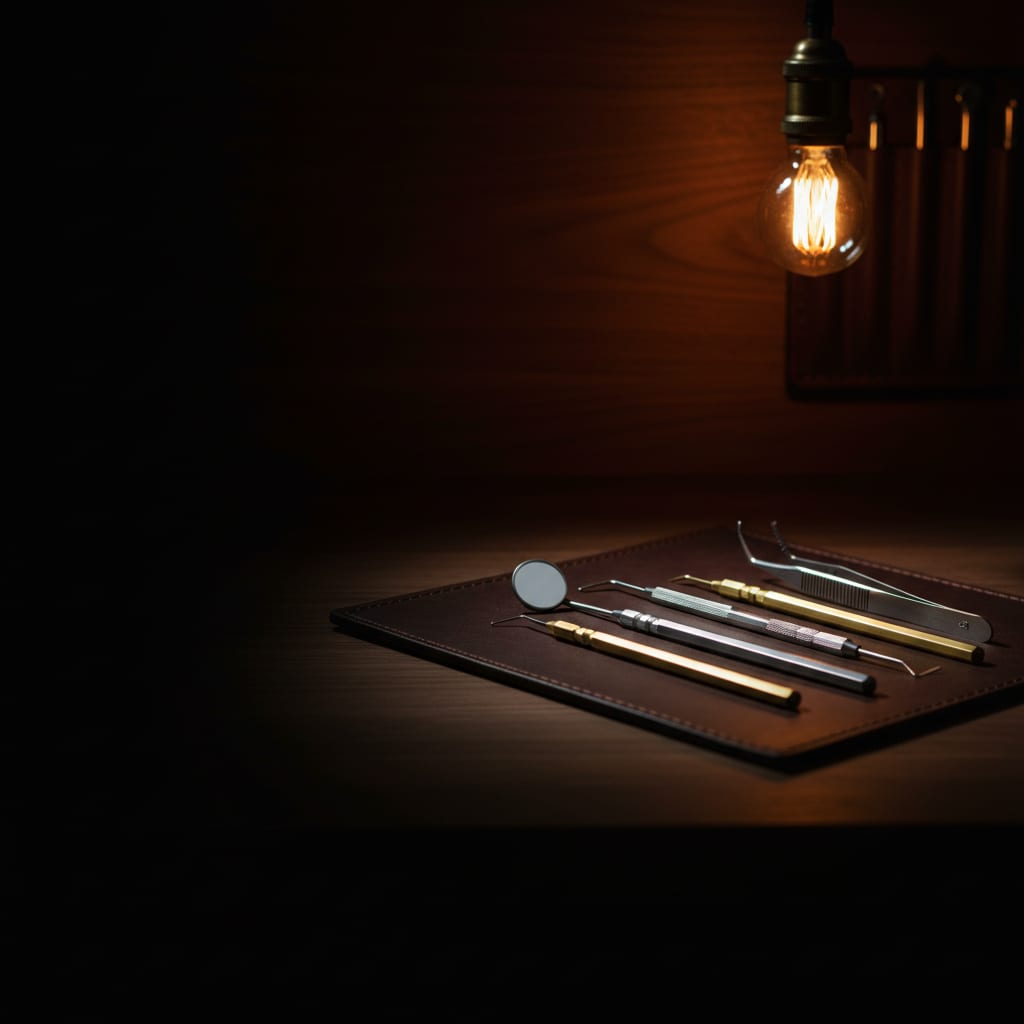 Polished dental instruments arranged on an espresso leather surface