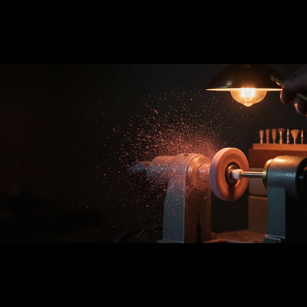 A dental lab lathe spinning under warm light