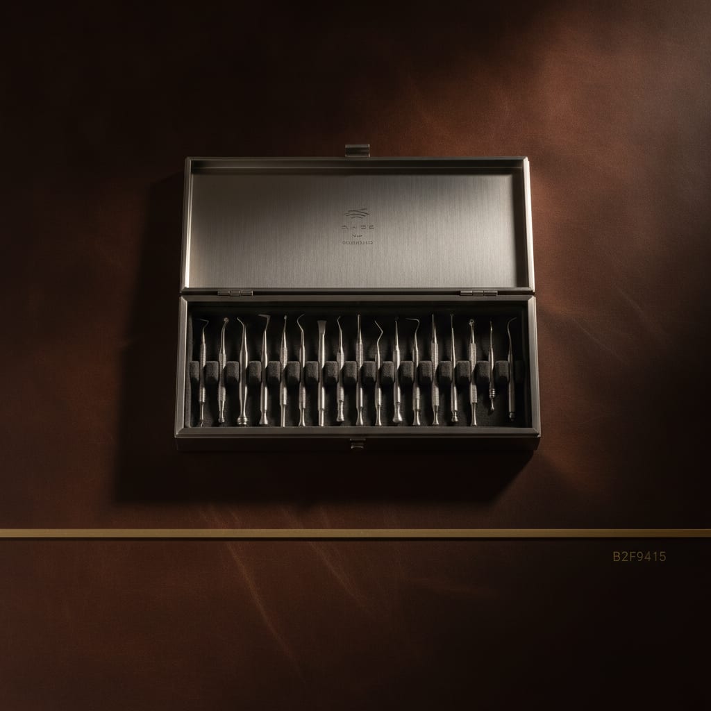 A surgical dental implant kit arranged on espresso leather