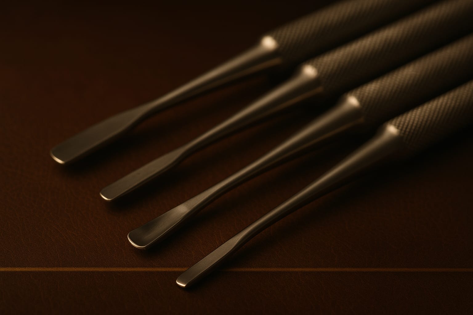 Row of osteotome instruments with knurled steel handles receding into soft focus
