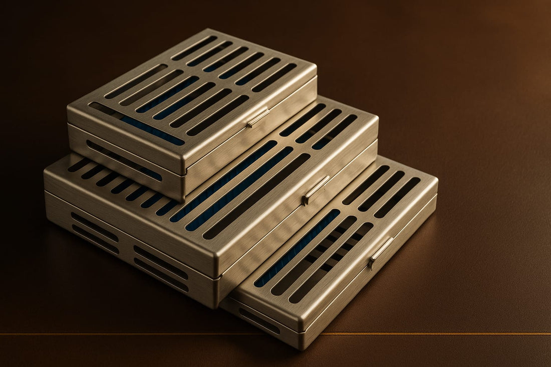 Three stainless steel sterilisation cassettes of different sizes stacked on espresso leather