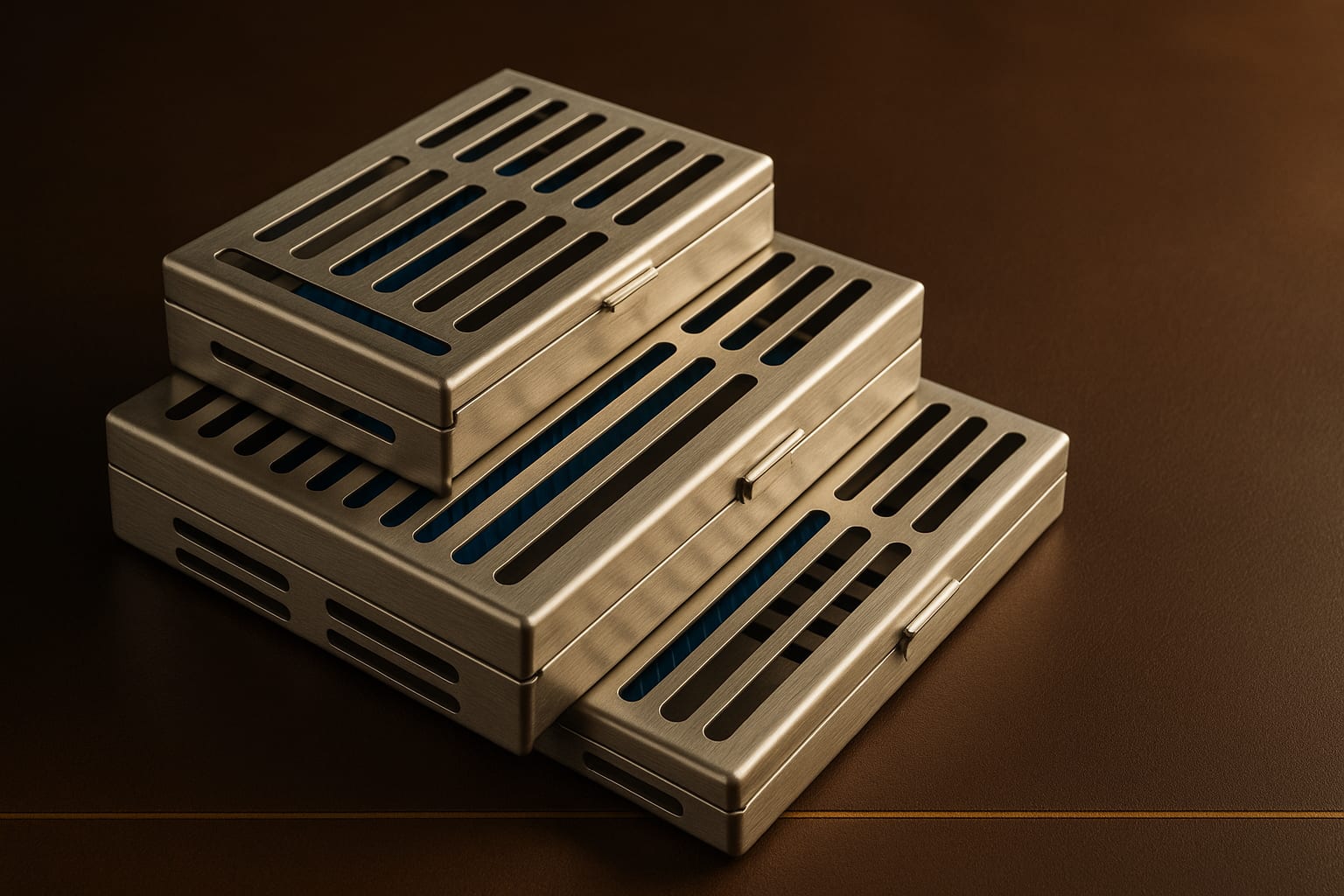Three stainless steel sterilisation cassettes of different sizes stacked on espresso leather