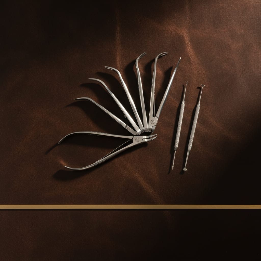 Surgical extraction elevators and forceps on an espresso leather surface