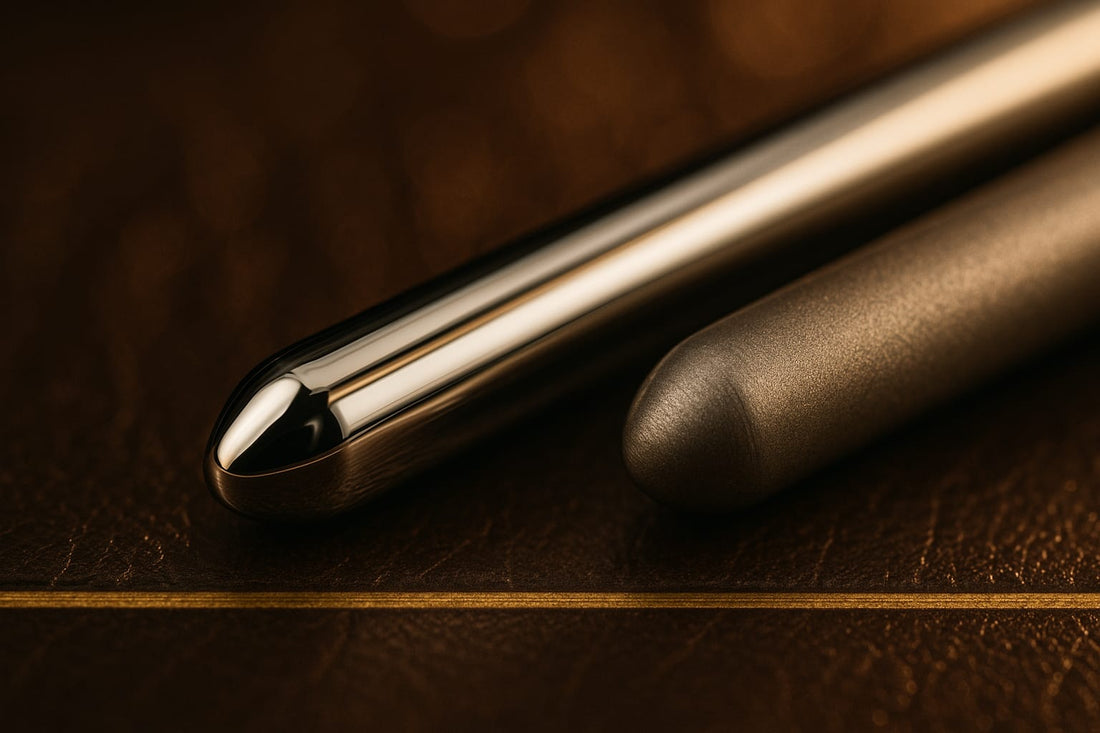 Macro of a polished stainless steel shaft beside a matte grey titanium instrument shaft