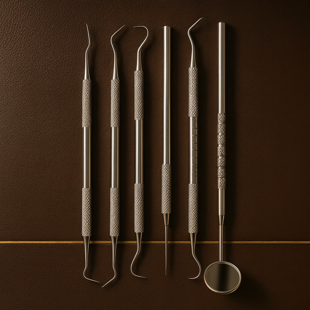 6 piece stainless steel precision probe and scraper set in storage pouch — Dental Bench