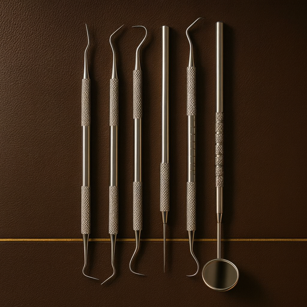 6 piece stainless steel precision probe and scraper set in storage pouch — Dental Bench