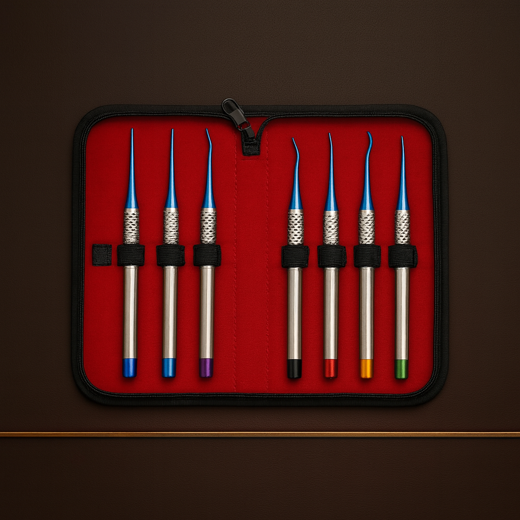 7 piece luxating elevator set with titanium nitride coated micro serrated tips — Dental Bench