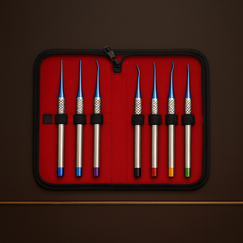 7 piece luxating elevator set with titanium nitride coated micro serrated tips — Dental Bench