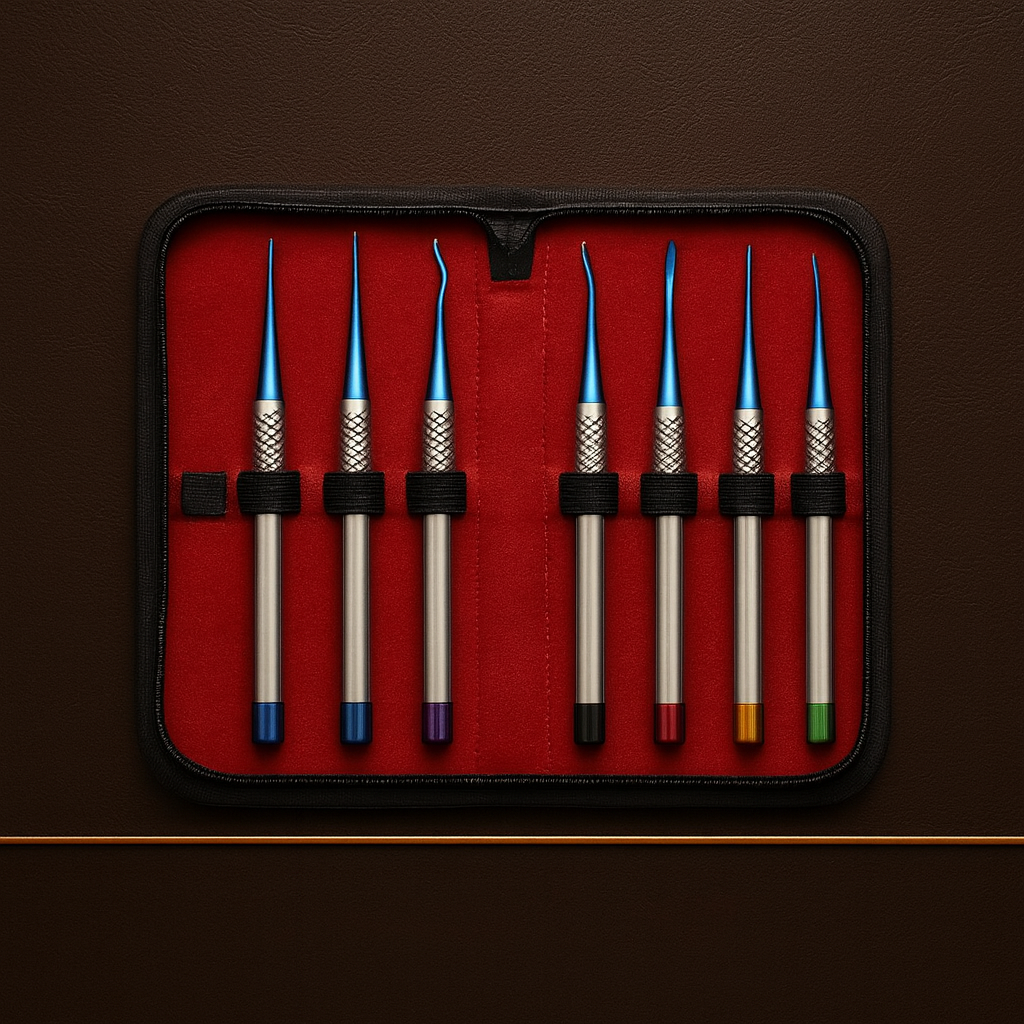 7 piece luxating elevator set with titanium nitride coated micro serrated tips — Dental Bench