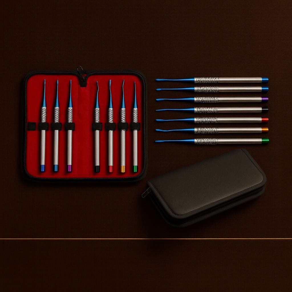 7 piece luxating elevator set with titanium nitride coated micro serrated tips — Dental Bench