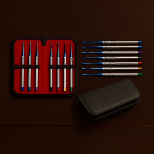 7 piece luxating elevator set with titanium nitride coated micro serrated tips — Dental Bench