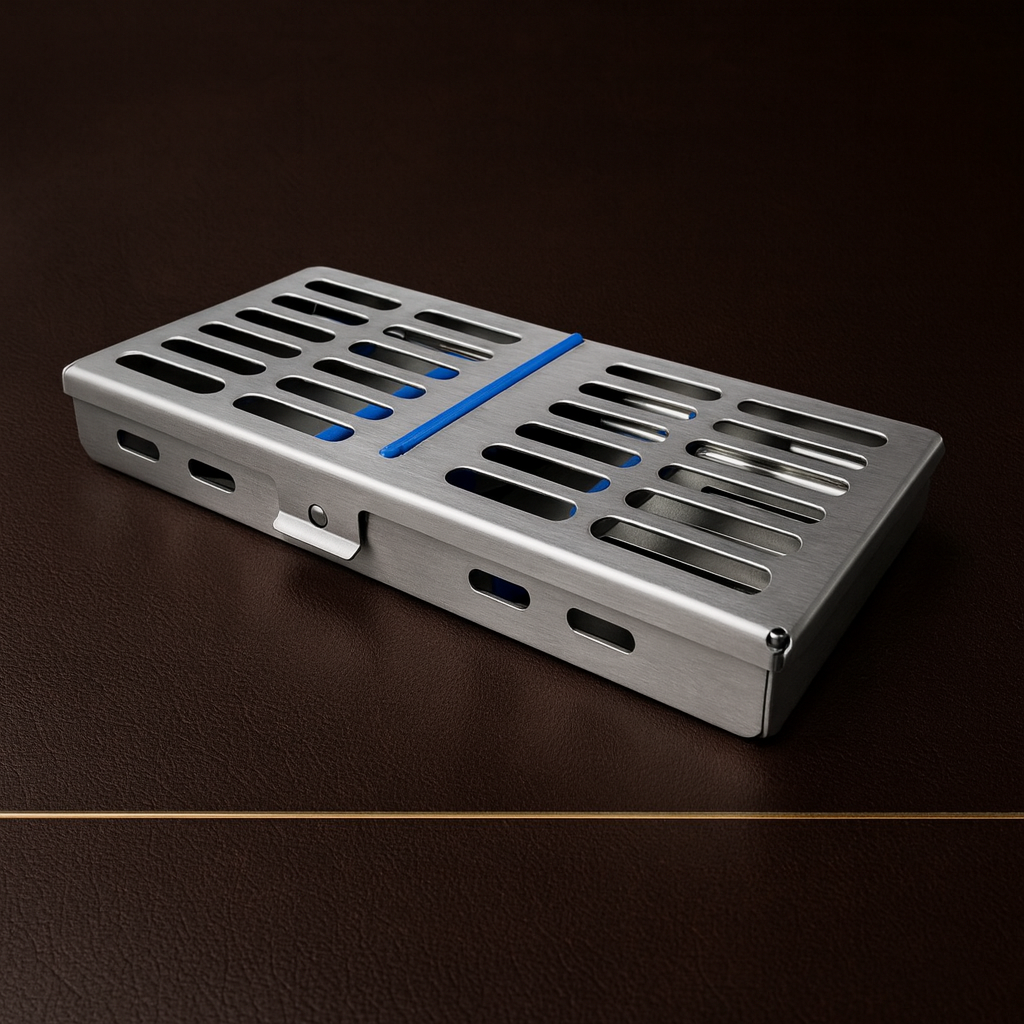 stainless steel sterilisation cassette for 7 dental instruments 18 x 11 cm — Dental Bench