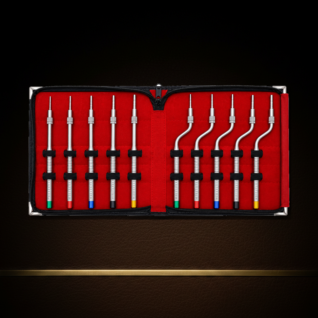 10-piece sinus lift osteotome set in its zip case, five straight and five offset instruments with colour-coded ends — Dental Bench