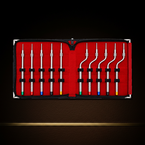 10-piece sinus lift osteotome set in its zip case, five straight and five offset instruments with colour-coded ends — Dental Bench