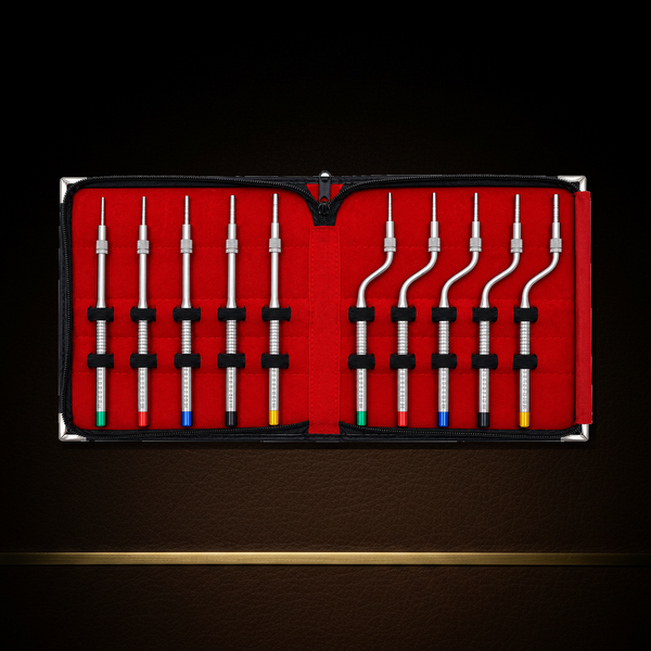 10-piece sinus lift osteotome set in its zip case, five straight and five offset instruments with colour-coded ends — Dental Bench
