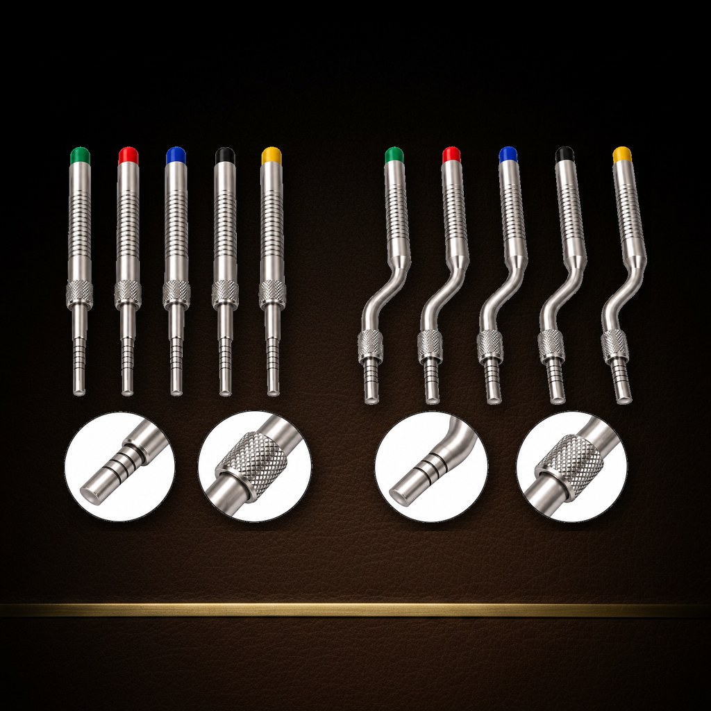 sinus lift osteotome set, five straight and five offset instruments with colour-coded ends, with tip and collar detail insets — Dental Bench
