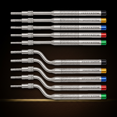 sinus lift osteotome set laid out, five straight and five offset instruments with knurled collars and colour-coded ends — Dental Bench
