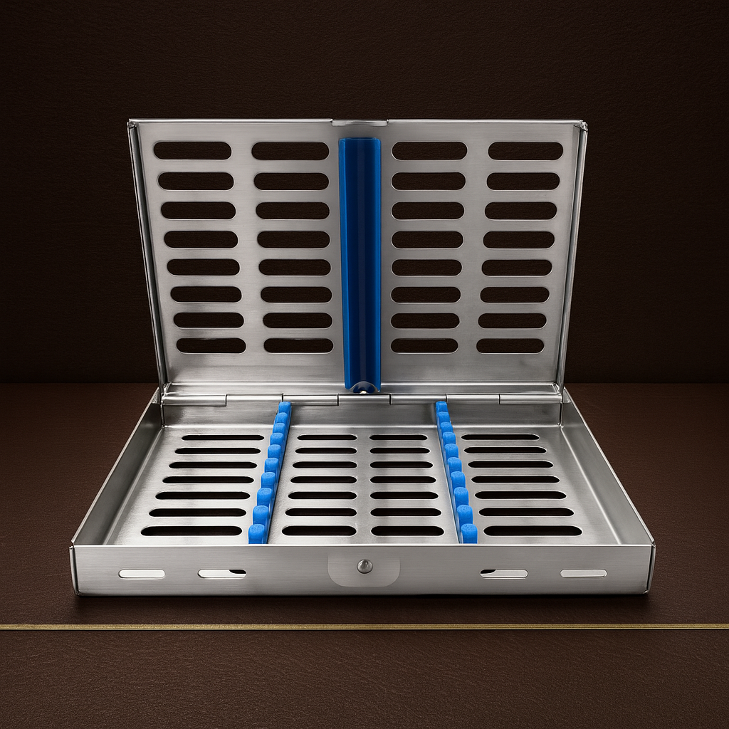 stainless steel sterilisation cassette for 10 dental instruments 18 x 18 5 cm — Dental Bench
