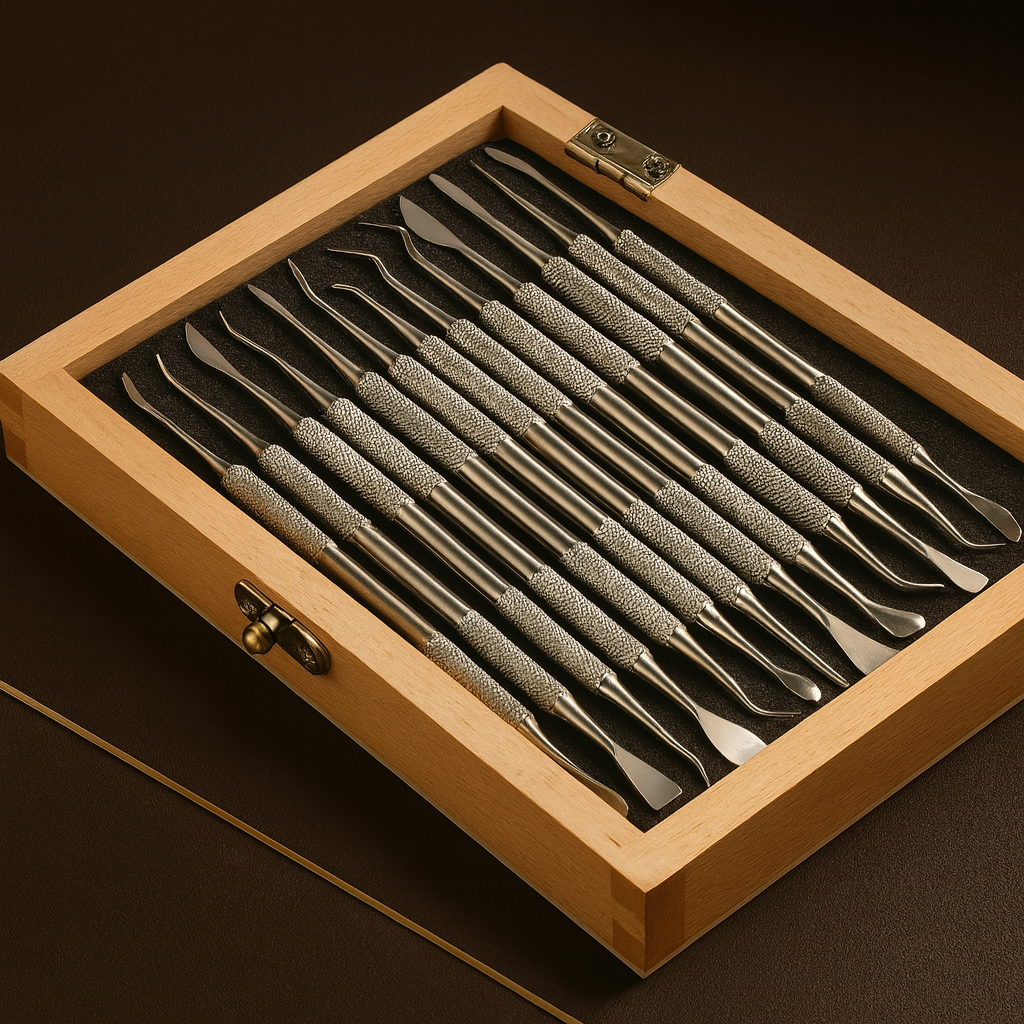 stainless steel wax clay carver set 16 double ended tools in wooden box — Dental Bench