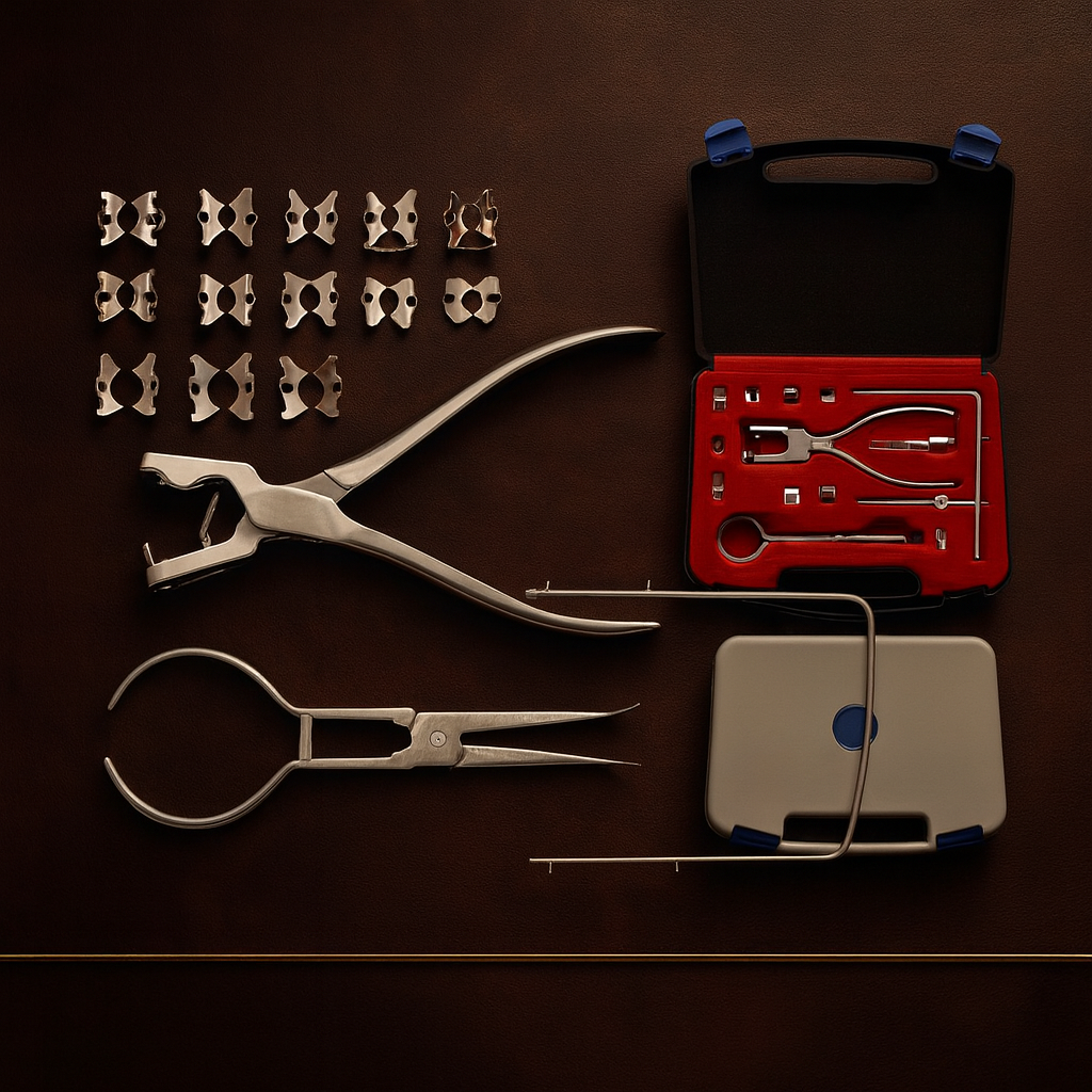 surgical steel rubber dam kit with ainsworth forceps and 12 winged clamps — Dental Bench